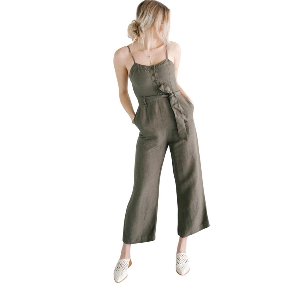 Rails Jumpsuit as M Rapper Olive Green Linen Blend Button Front Wide Leg